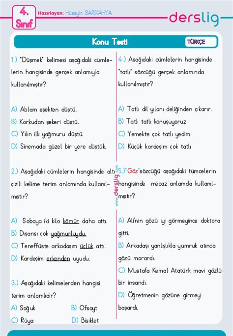 4 sınıf türkçe gerçek ve mecaz anlam testi çöz